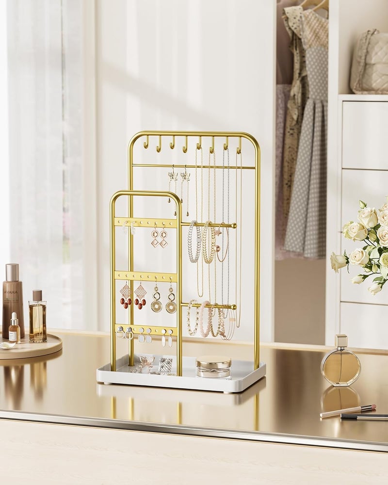 pickpiff Jewelry Holder Stand: Jewelry Display for Necklace, Bracelet, Earring, Ring, White & Gold - Image 2